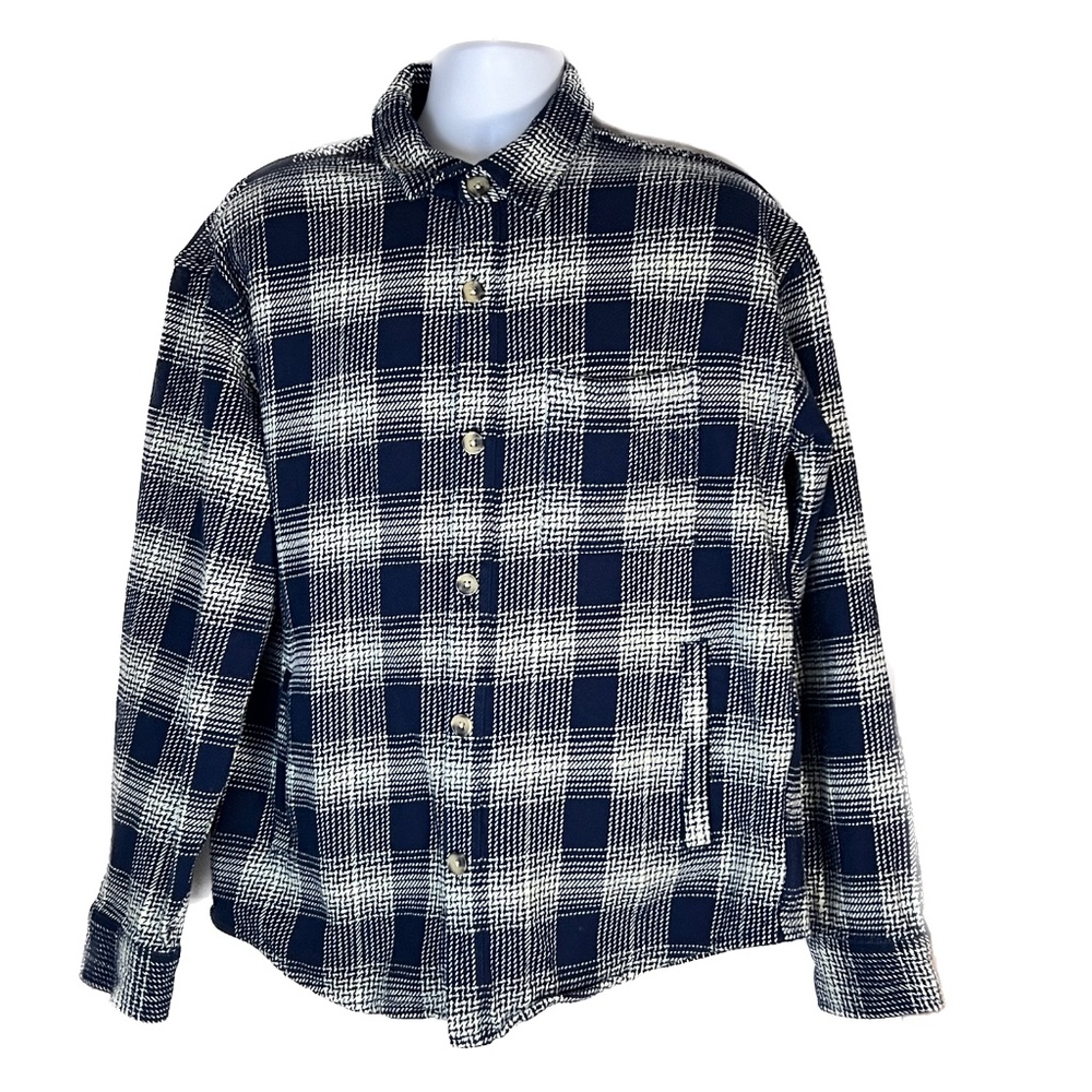 Goodiellow Flannel Shirt Jacket Size L Button Up Blue White Plaid Heavy Weight